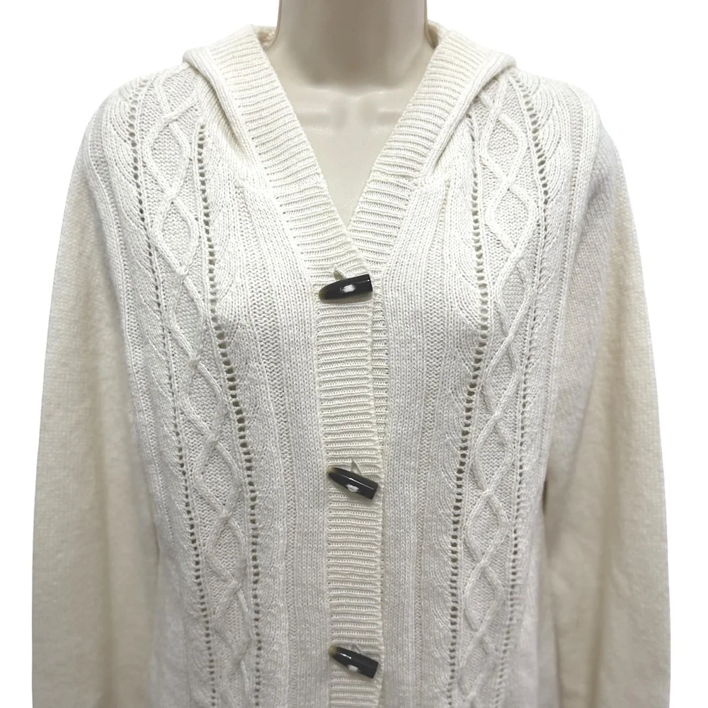Columbia Ivory Wool Blend Long Sleeve Hooded Button Up Cable Knit Cardigan Large